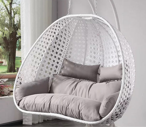 White Metal Swing Chair with Grey Cushion