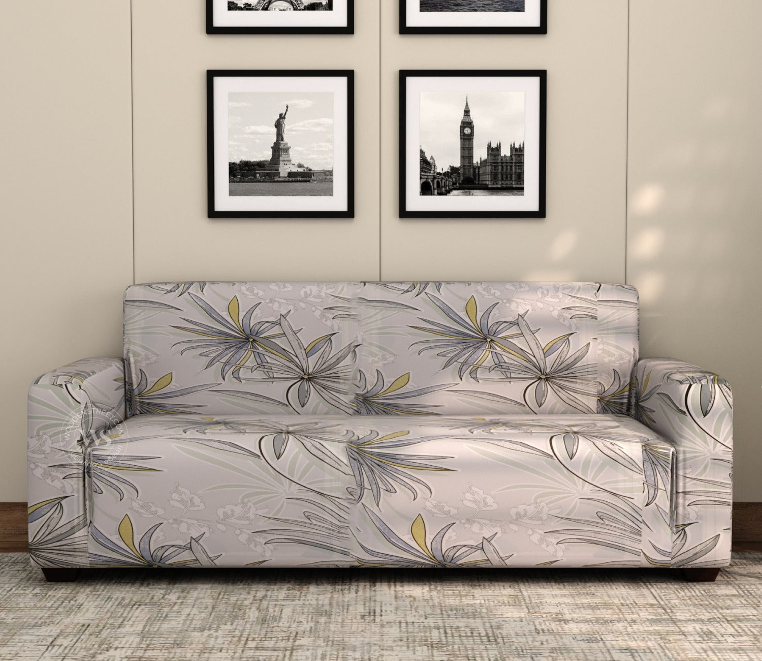 Cassia Floral Printed Polyester Spandex 3+1+1 Sofa Cover Set (Grey)