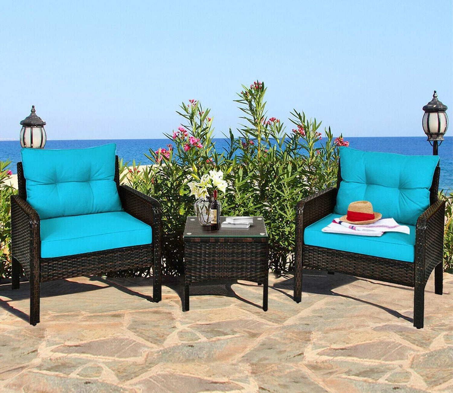 Dark Brown Rattan And Wicker 2 Seater Set With Table And Cushions