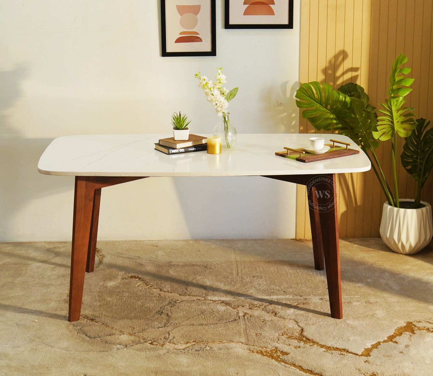 Valence 6 Seater Sheesham Wood Dining Table with Quartz Top (Teak Finish)