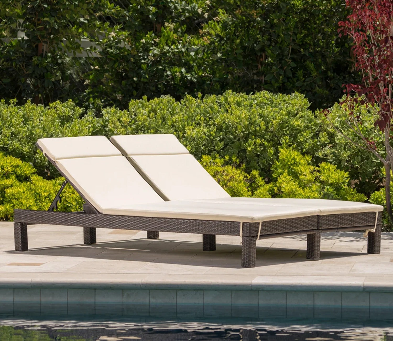 Dark Brown Adjustable Outdoor Attached 2 Patio Lounger With Cream Cushions