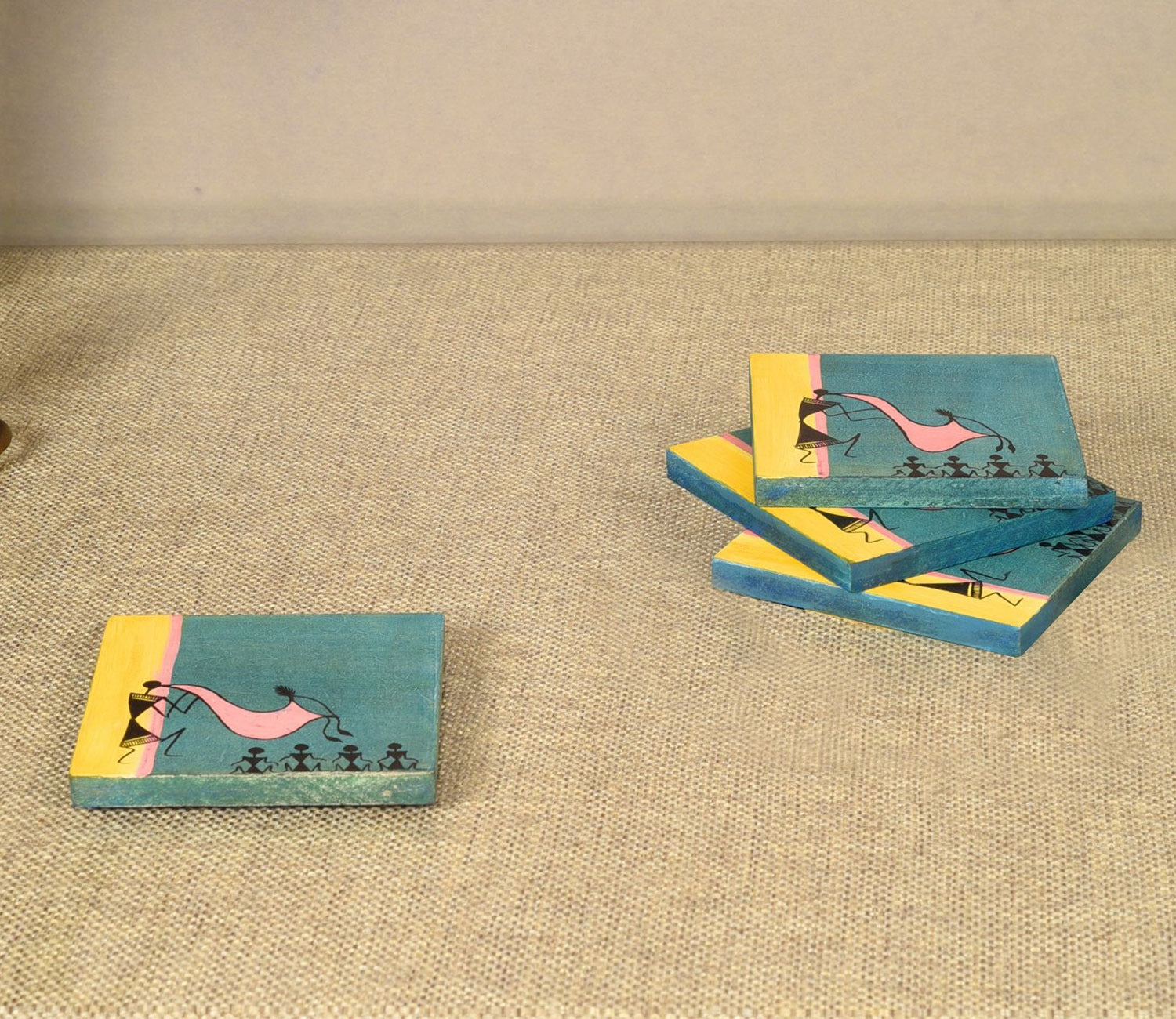 Warli Symphony Wooden Coasters Set Of 4