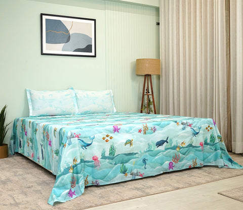 Seashore Flat Cotton Kids Bed Sheet King Size with 2 Pillow Covers