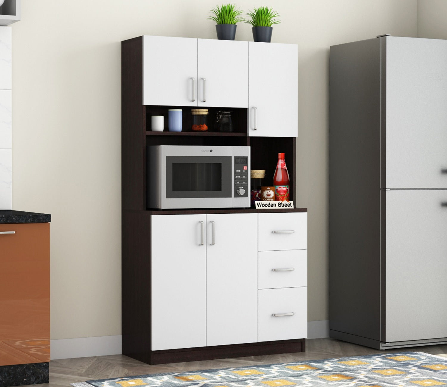 Piero Kitchen Cabinet (Flowery Wenge-Frosty White Finish)