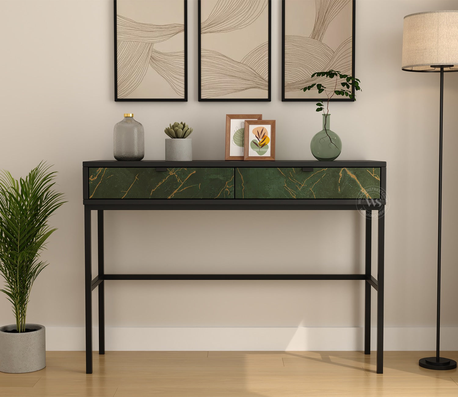 Aurean Engineered Wood Console Table With Textured Laminated MDF Drawer Front & Metal Base (Marble Green)