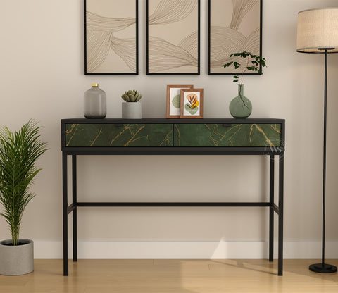 Aurean Engineered Wood Console Table With Textured Laminated MDF Drawer Front & Metal Base (Marble Green)