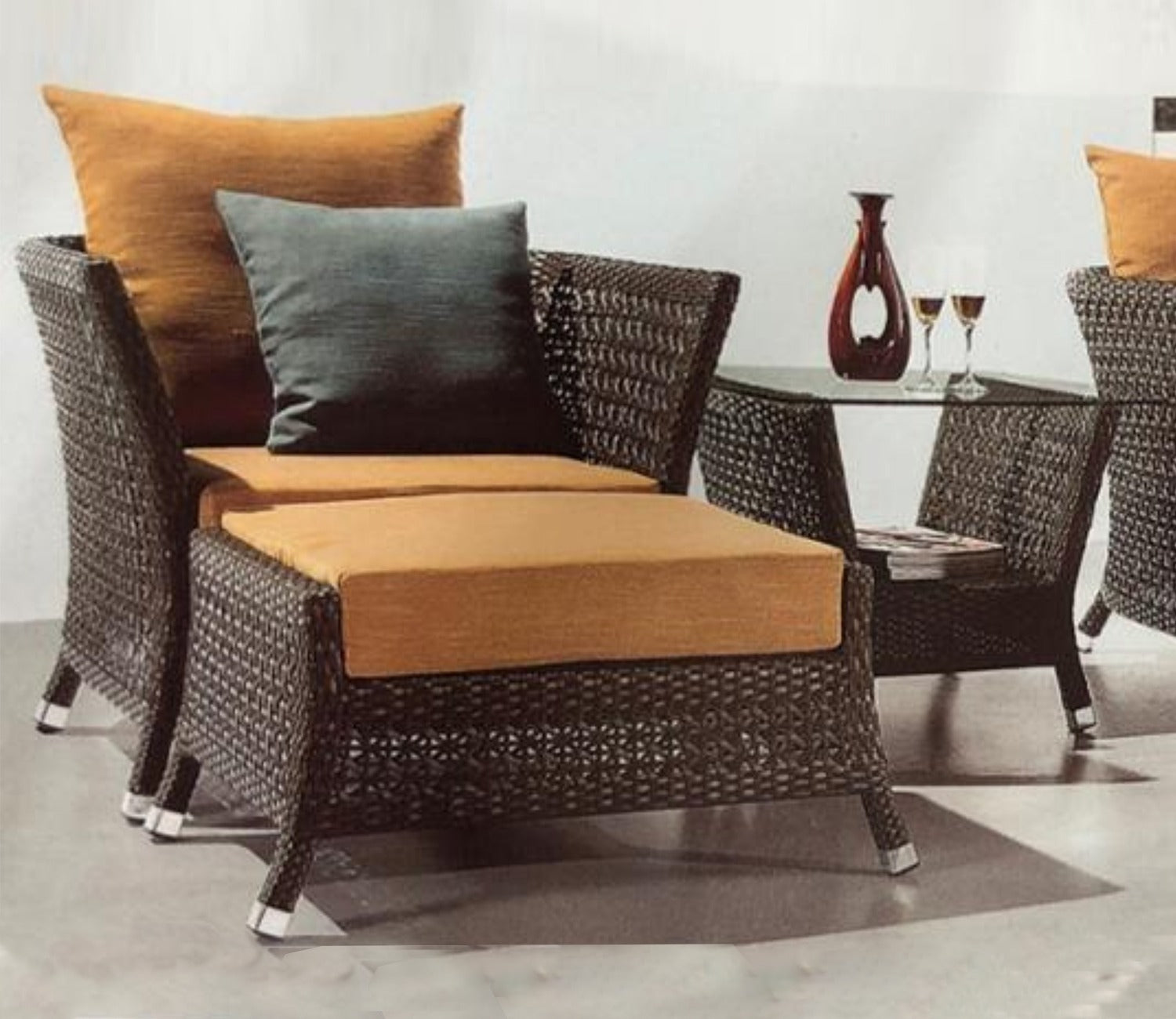Dark Brown Rattan And Wicker 2 Seater Patio Set With Table And Middle Yellow Cushions