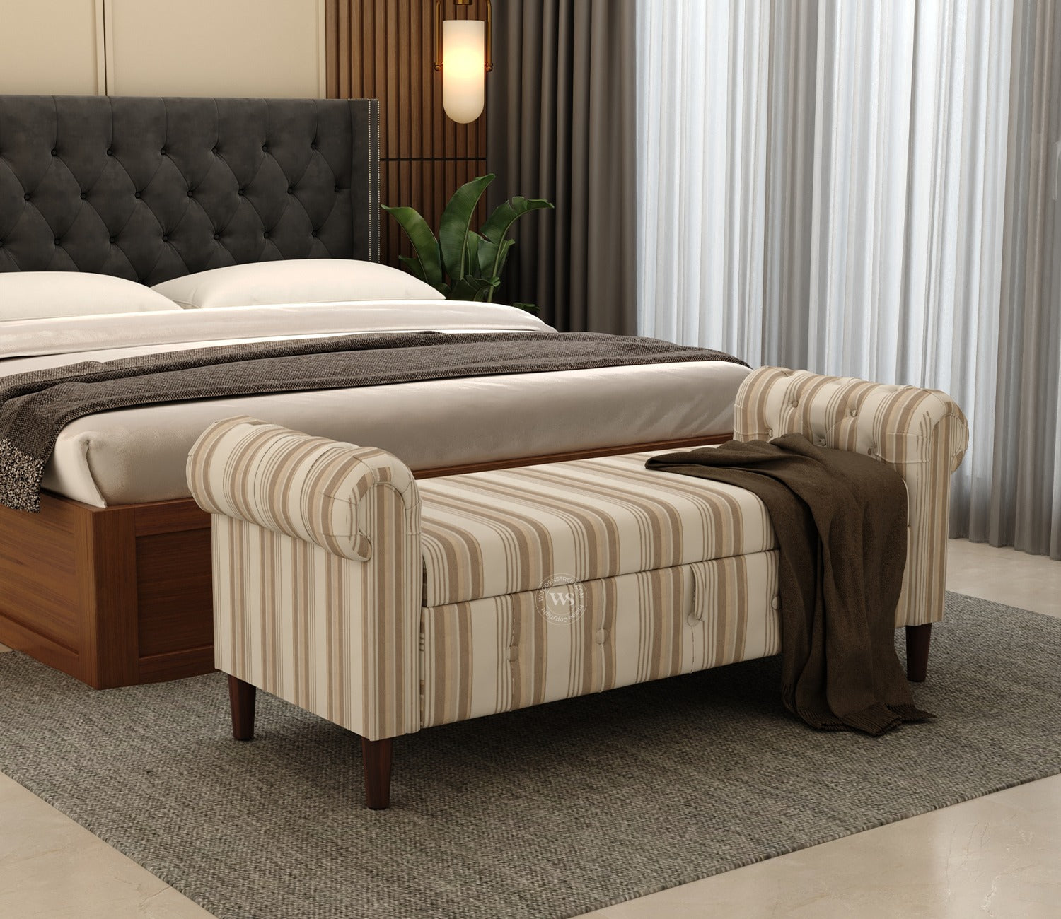 Velo Cushioned Hand Carved Sofa Bench With Hidden Storage (Cream Strip)