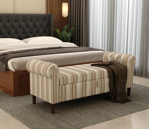 Velo Cushioned Hand Carved Sofa Bench With Hidden Storage (Cream Strip)