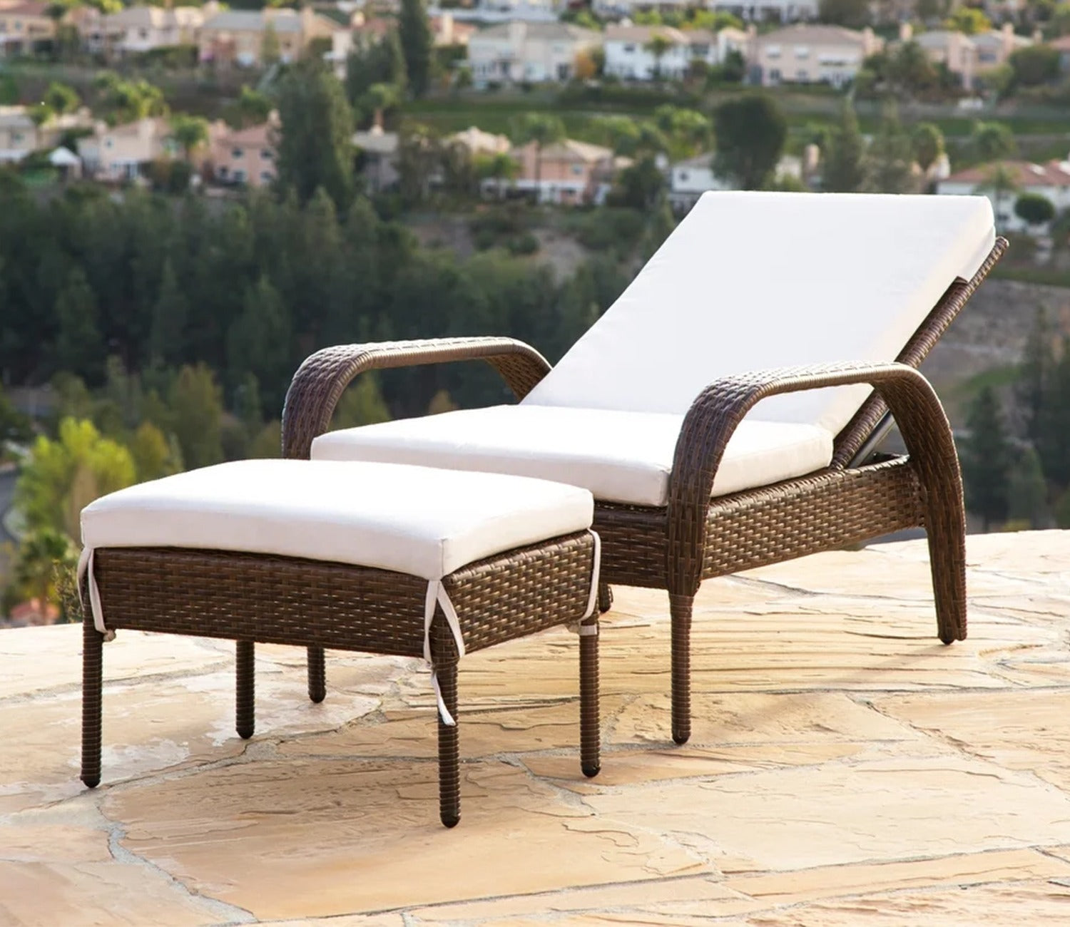 Dark Brown Adjustable Outdoor Patio Lounger With White Cushions And Table