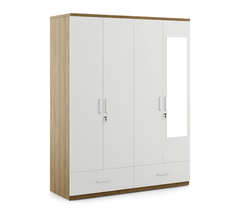 Kosmo Apex 4 Door Wardrobe With Mirror (Exotic Teak Frosty White Finish)