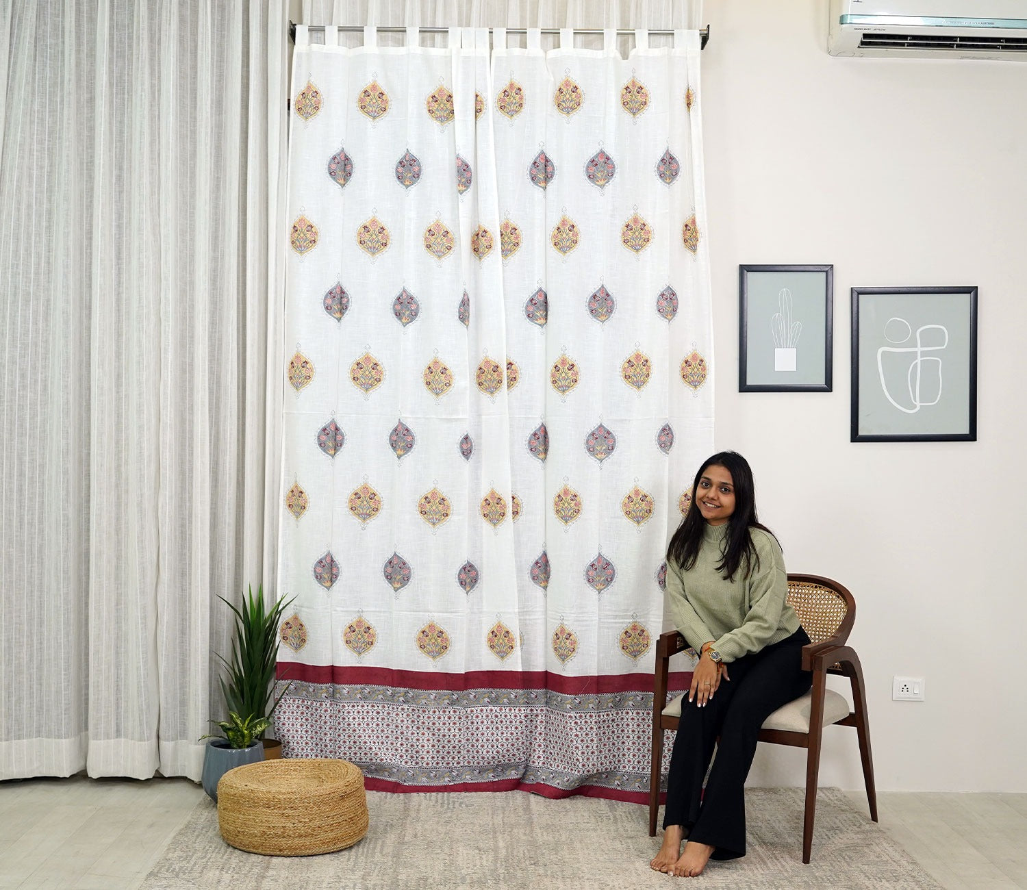 Flower Butah Multicolor 1 Piece Door Curtain (White, 7 Feet)