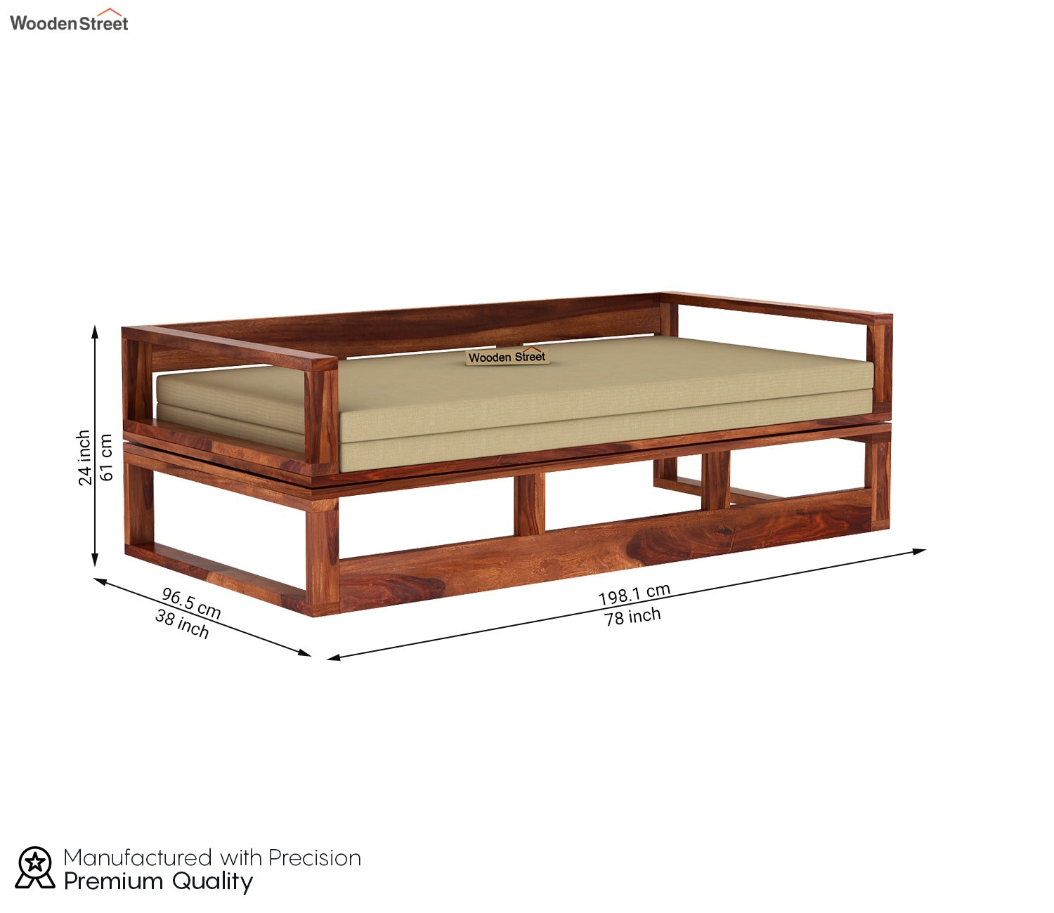 Bacon 3 Seater Divan Cum Bed with Mattress (King Size, Honey Finish)