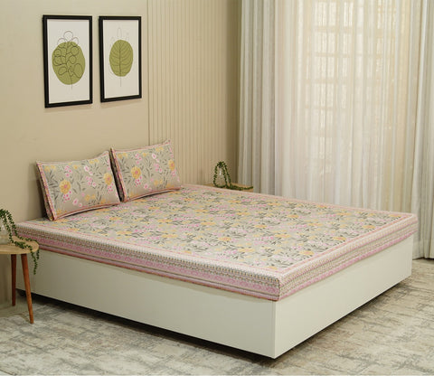 120 TC Floral Screen Print Cotton Double Bed Sheet King Size with Pillow Cover (Yellow and Pink)