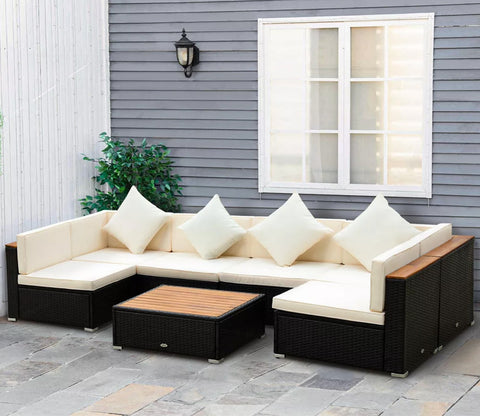 Black Rattan And Wicker 6 Seater Patio Set With Table And Cream Cushions
