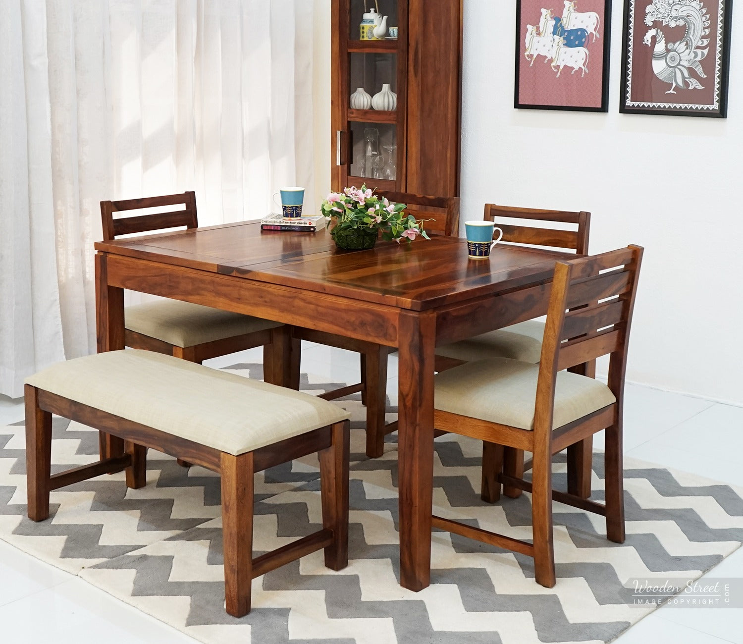 Advin 6 Seater Folding Dining Table Set With Tim Extendable Table, Zampa Chairs and Advin Bench (Honey Finish)