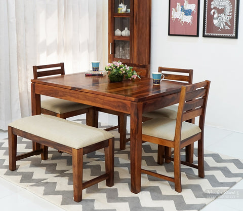 Advin 6 Seater Folding Dining Table Set With Tim Extendable Table, Zampa Chairs and Advin Bench (Honey Finish)