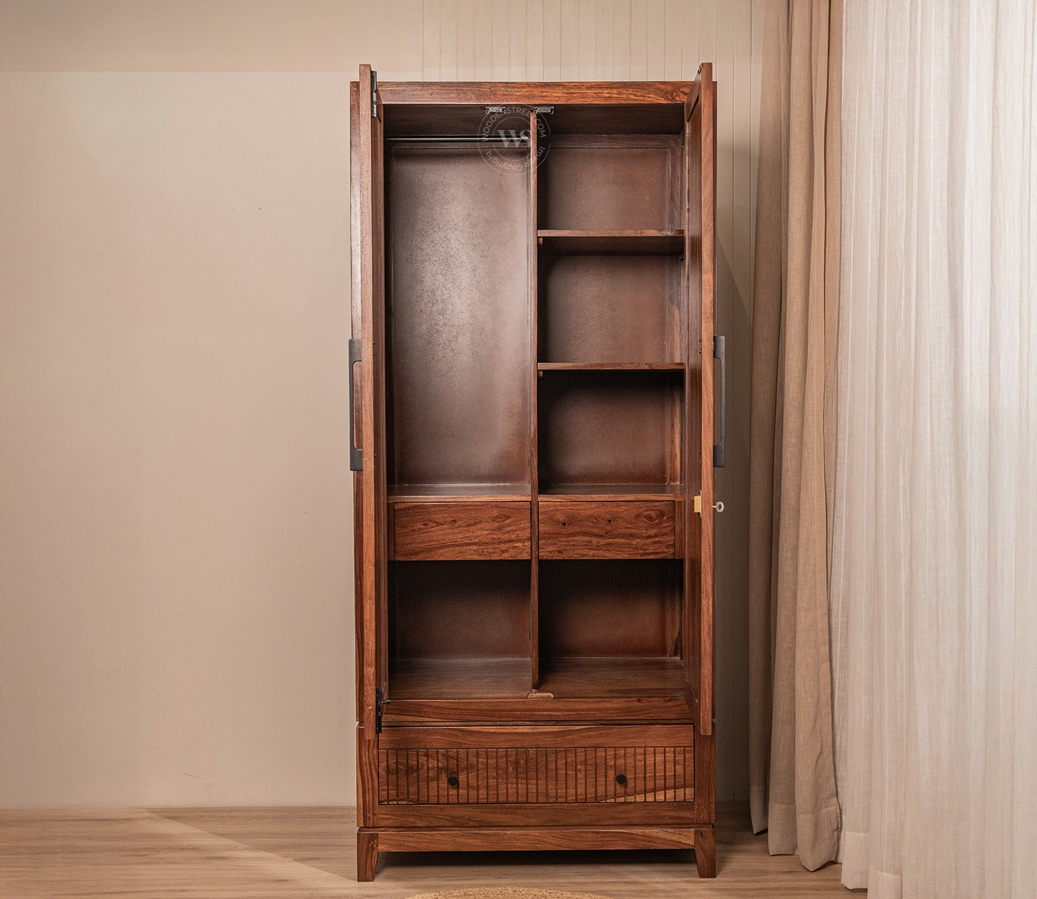 Saanvi Sheesham Wood Wardrobe with Elegant Cane Detailing (Teak Finish)