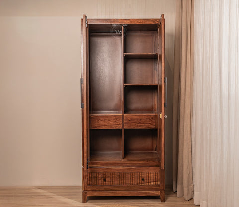 Saanvi Sheesham Wood Wardrobe with Elegant Cane Detailing (Teak Finish)