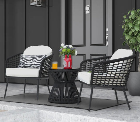 Black Rope 2 Seater With Table And Off-White Cushion Covers