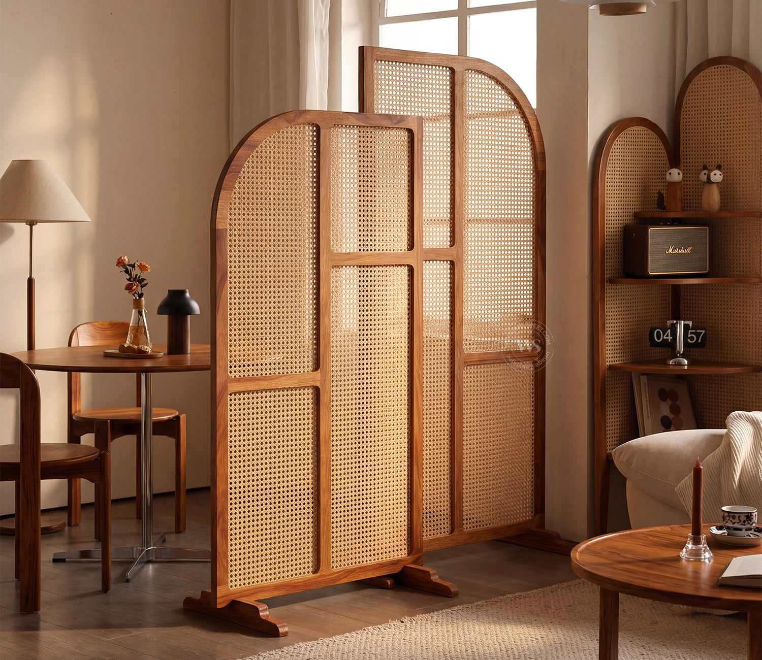 Aavaran Heritage Arch Sheesham Wood Room Divider with Luxury Cane Weave - Set of 2 Panels