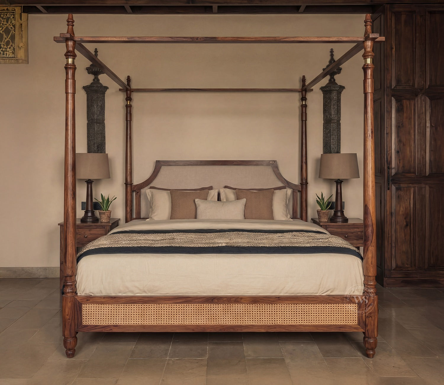 Samrat Sheesham Wood and Cane Upholstered Poster Bed Without Storage (King Size, Jade Ivory)