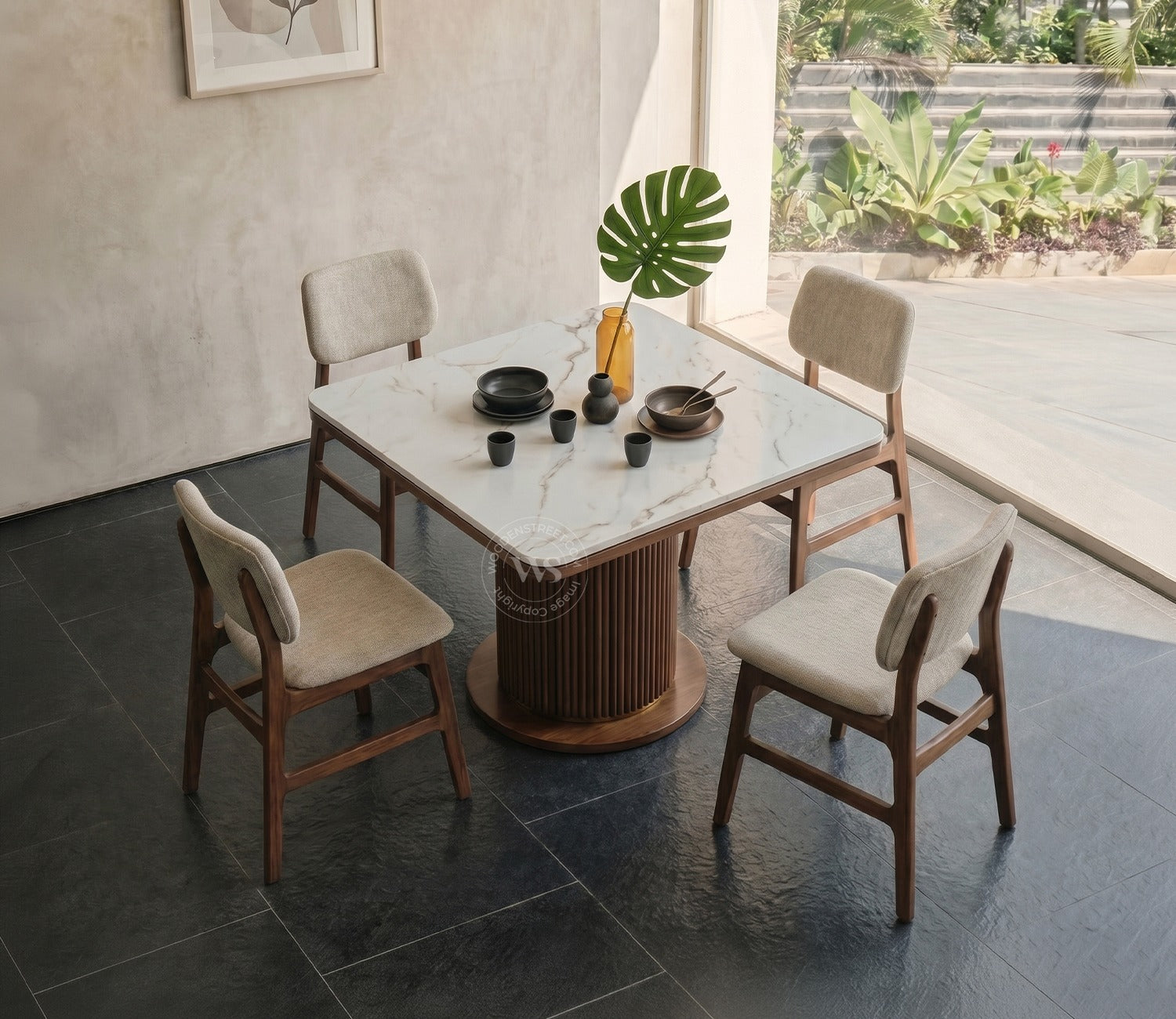 Samanvi 4 Seater Sheesham Wood Dining Table Set with Saumik Marble Top Table and Vinara Chair (Cottage Ivory)