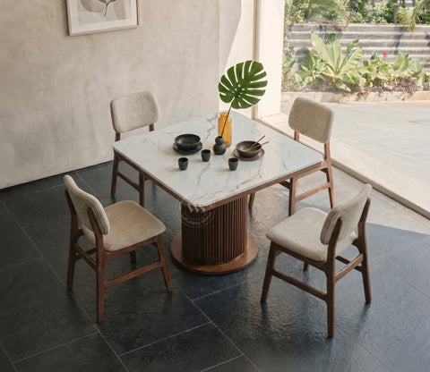 Samanvi 4 Seater Sheesham Wood Dining Table Set with Saumik Marble Top Table and Vinara Chair (Cottage Ivory)