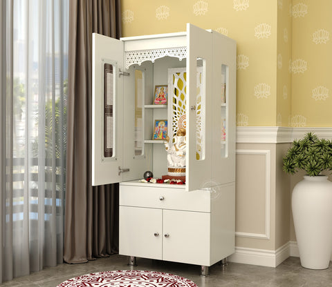 Atharv Engineered Wood Home Temple With Inbuilt LED Light System (White Finish)