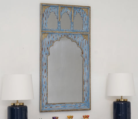 Izara Carved Mirror Frame (Distressed Blue)