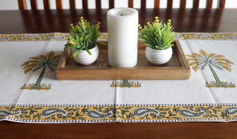 Vivid Garden Yellow and White Hand Block Print Table Runner - 16 x 50