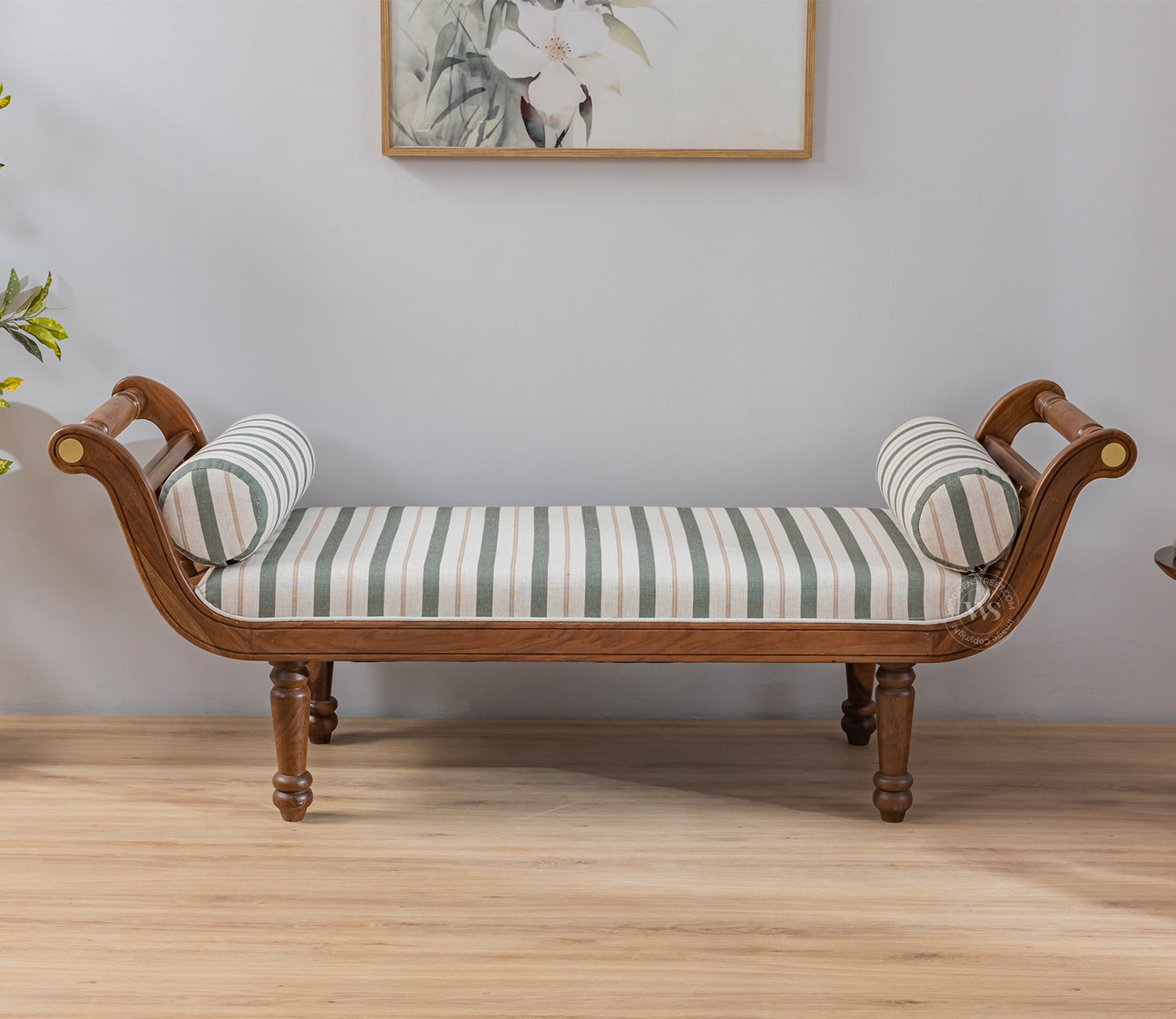 Virasat Sheesham Wood Sofa Bench With Cushioned Seat (Teak Finish, Green Stripes)