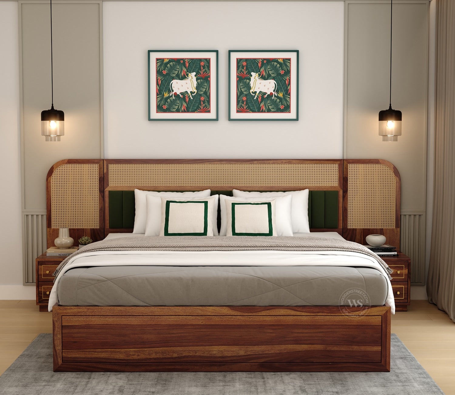 Serah Premium Sheesham Wood Bed with Cane & Velvet Headboard, Hydraulic Storage & 2 Modular Bedside Tables (Queen Size, Teak Finish)