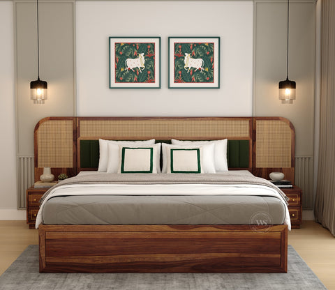 Serah Premium Sheesham Wood Bed with Cane & Velvet Headboard, Hydraulic Storage & 2 Modular Bedside Tables (Queen Size, Teak Finish)
