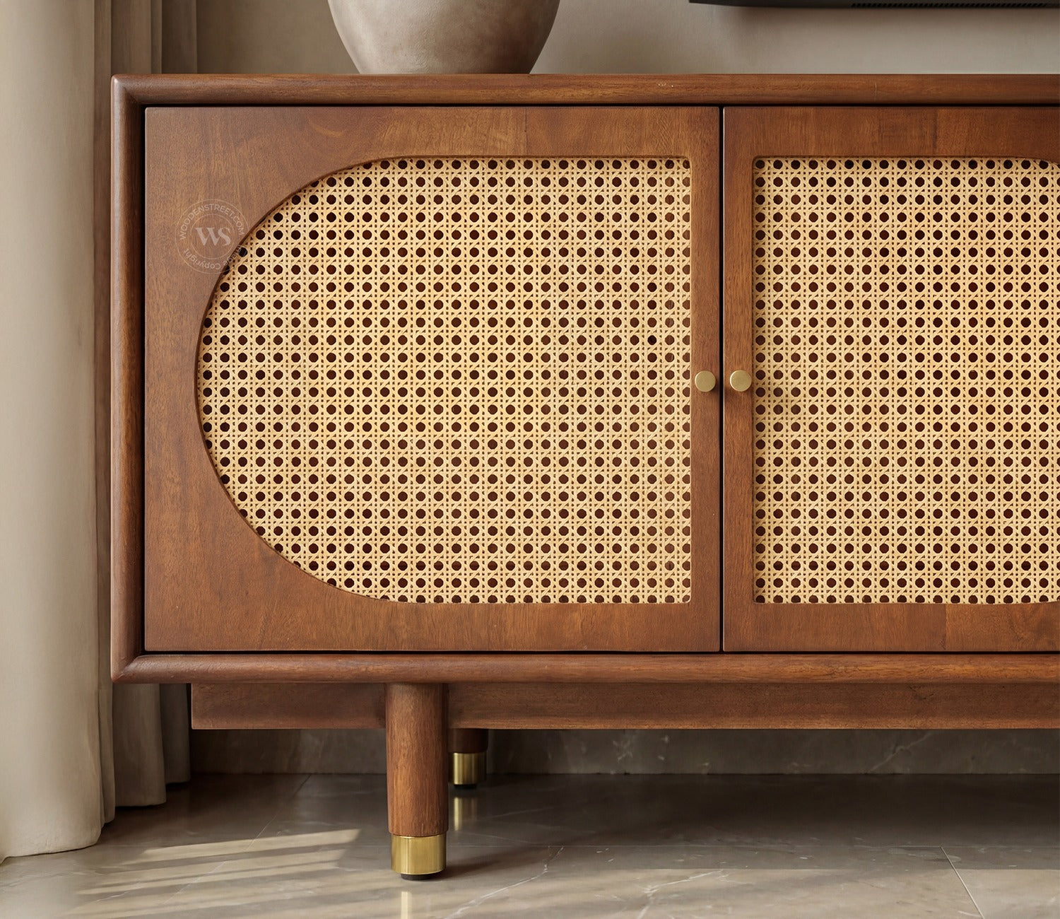 Gyana Premium Solid Wood TV Unit with Cane Panel Cabinet (Mango Wood, Teak Finish)