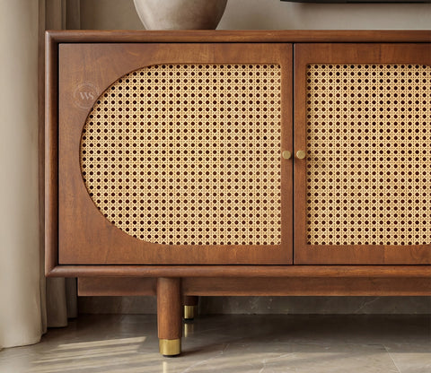 Gyana Premium Solid Wood TV Unit with Cane Panel Cabinet (Mango Wood, Teak Finish)