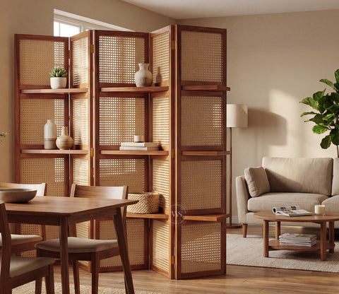 Aakaar Sheesham Wood Foldable Room Divider with Cane Weave & Open Shelves - 5 Panel Partition Screen