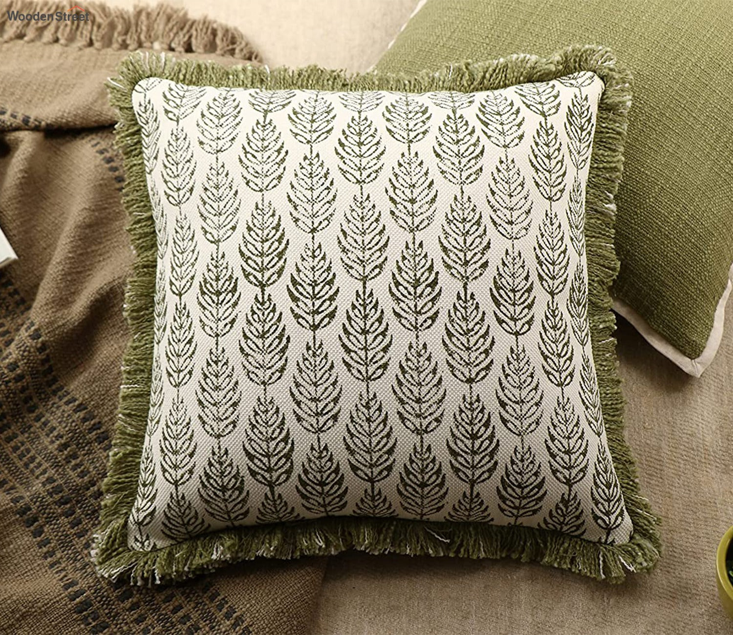 Green and White Floral Cotton Cushion Cover