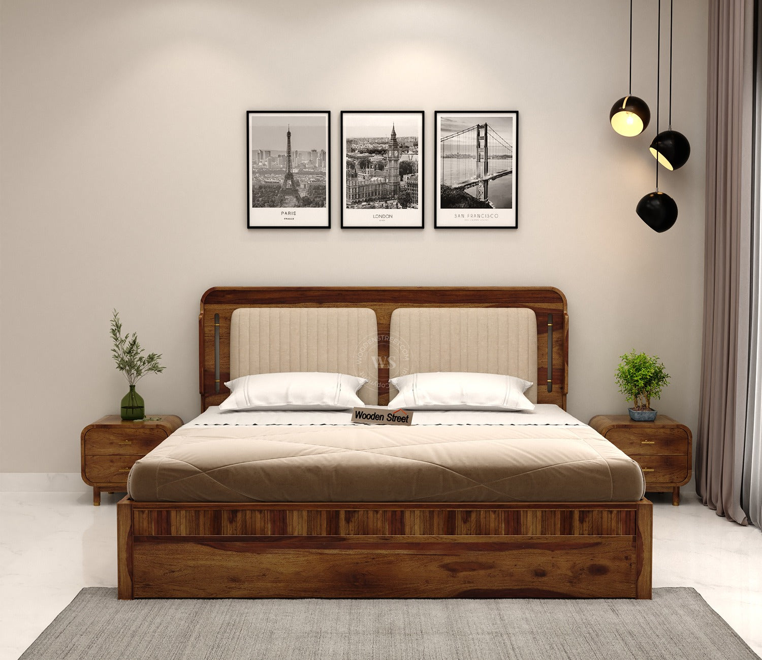 Lotus Premium Sheesham Wood Bed with Box Storage (King Size, Teak Finish)