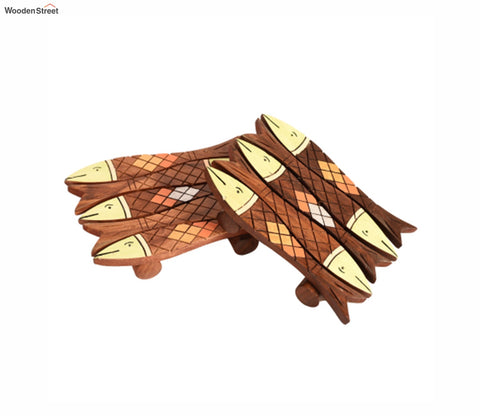 Small Fish With Tribal Art Wooden Handcrafted Coaster - Set of 2
