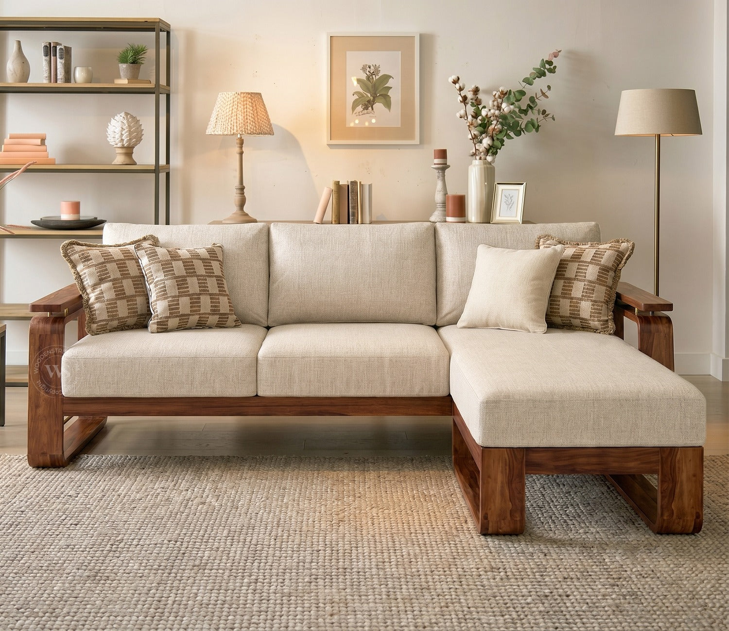 Vedic Sheesham Wood L Shape Left Align Sofa With Cane and Brass Detailing (Honey Finish, Jade Ivory)