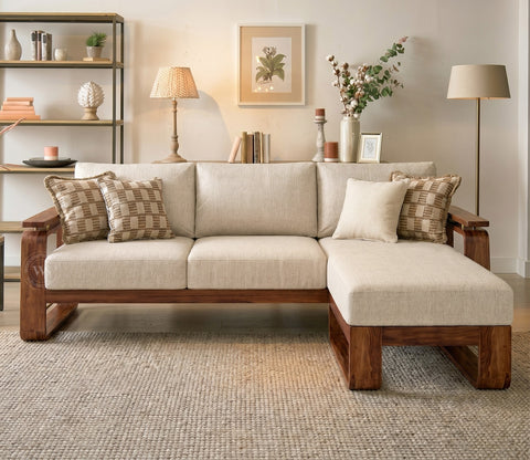 Vedic Sheesham Wood L Shape Left Align Sofa With Cane and Brass Detailing (Honey Finish, Jade Ivory)