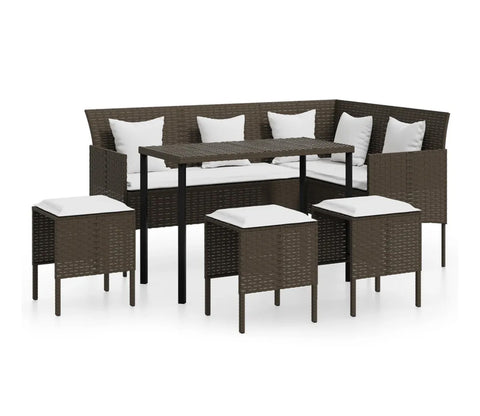 Dark Brown Rattan And Wicker 7 Seater Patio Set With Table And Off White Cushions