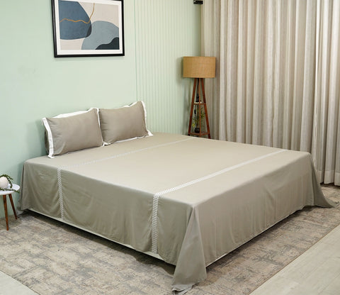 Leaf Line Embroidery Flat Cotton Bed Sheet King Size with 2 Pillow Covers