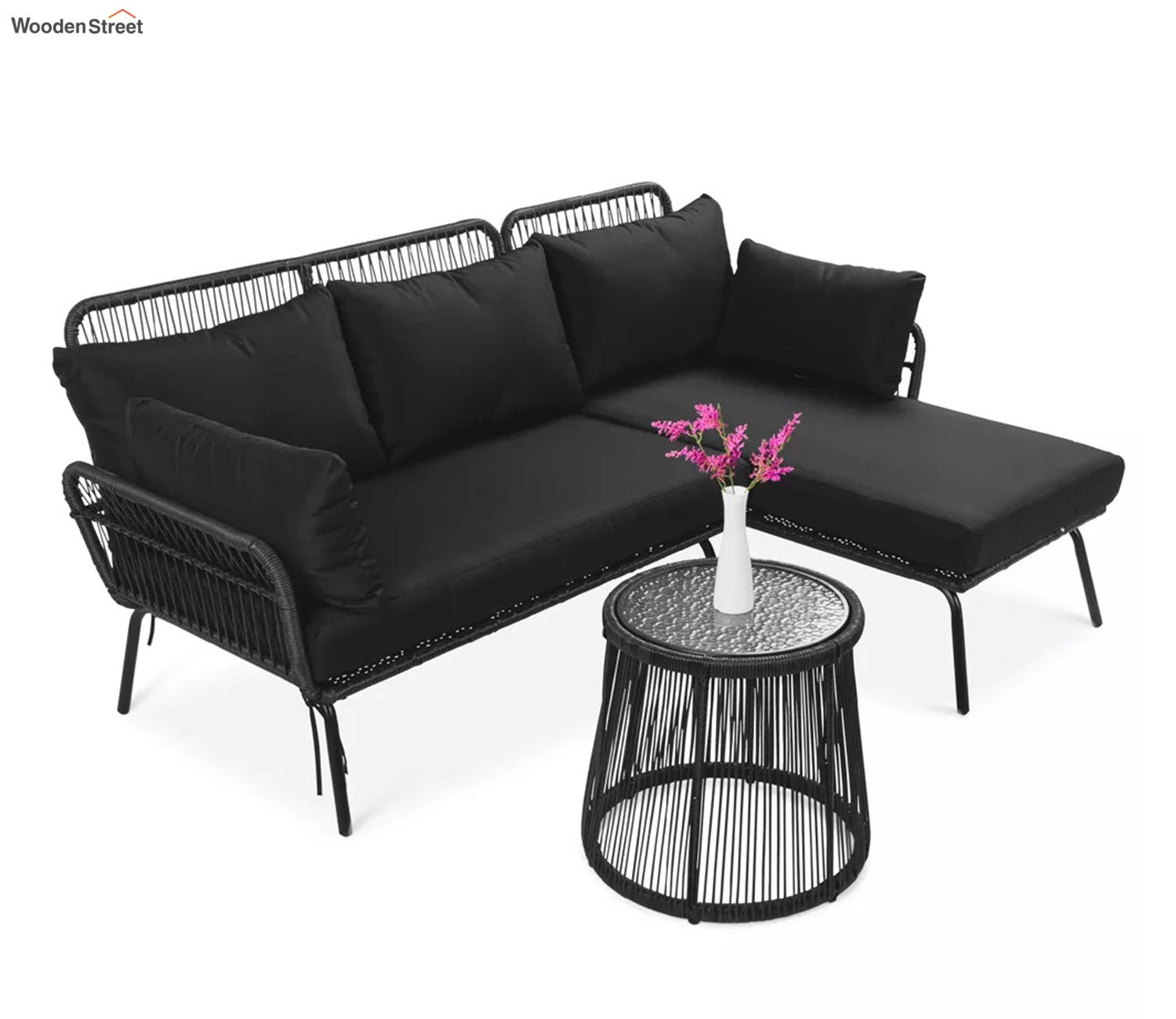 Black Detachable L Shaped Rope Outdoor Sofa with Table and Black Cushion Set