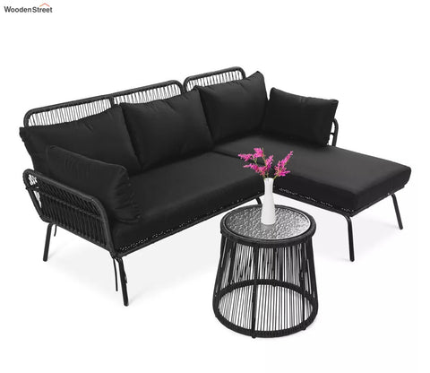 Black Detachable L Shaped Rope Outdoor Sofa with Table and Black Cushion Set