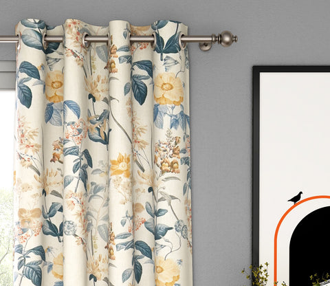 Leafy Floral Print 1 Piece Light-Filtering Curtain (Blue, 7 Feet)