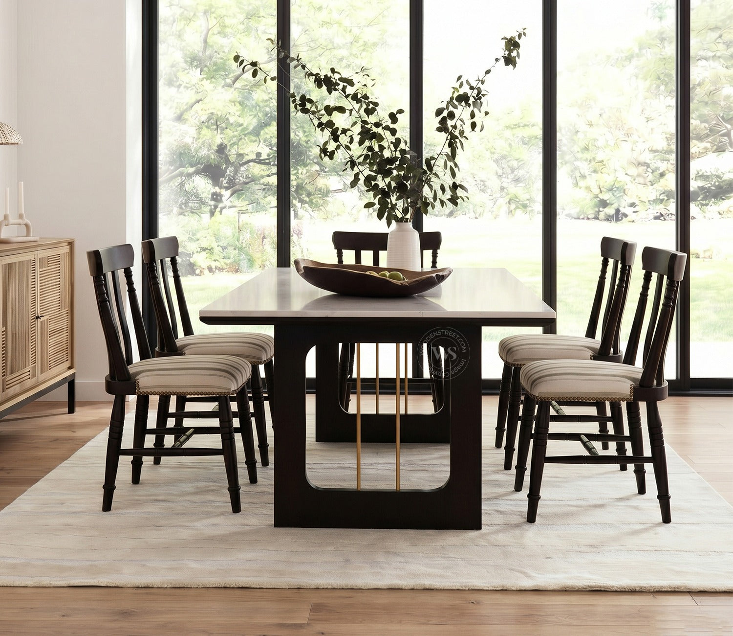 Kanak Designer 6 Seater Sheesham Wood Dining Table Set with Mishaan Quartz Top Table and Misha Chair (Black Finish)
