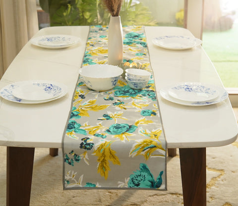 Aqua Bouquet Printed Cotton Table Runner (Grey, 13 x 72 Inches)