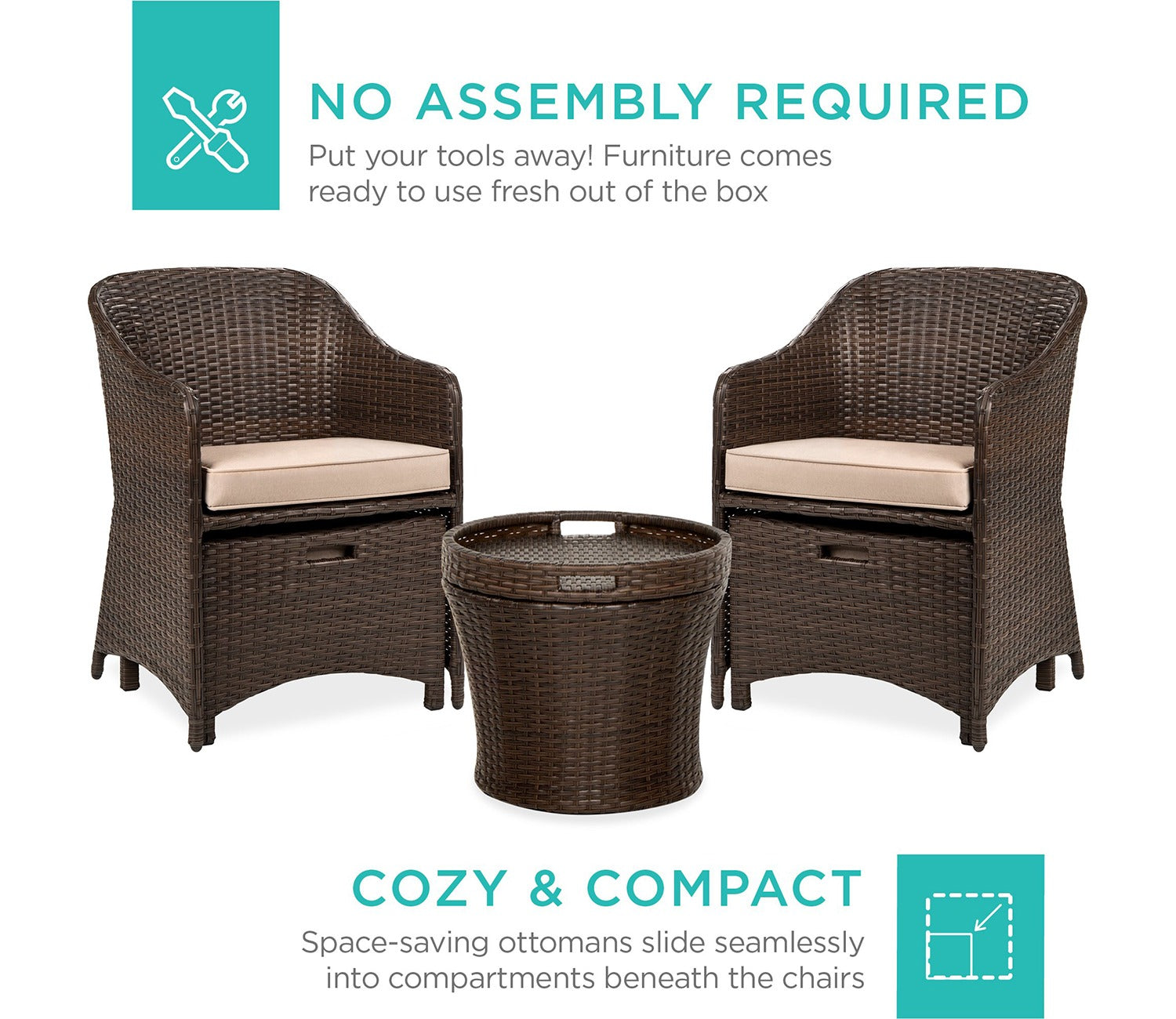 Dark Brown Rattan And Wicker 2 Seater Patio Set With Table And Cream Cushions